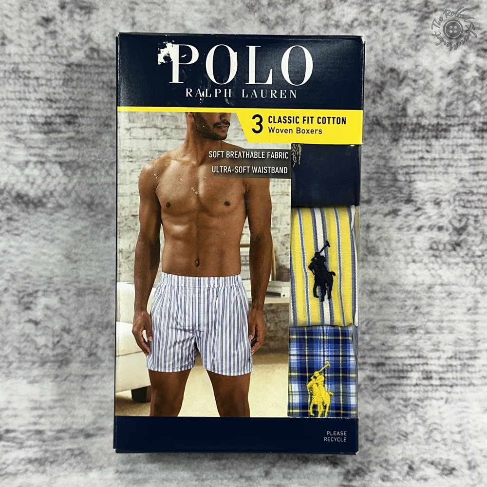 NIB - Polo Ralph Lauren 3 Pack Classic Fit Woven Boxers‎ Men's Small Blue Yellow